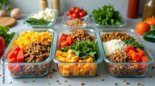 A vibrant array of meal prep containers filled with colorful, healthy foods such as vegetables, grains, and proteins, creating a visually appealing and nutritious spread. photo