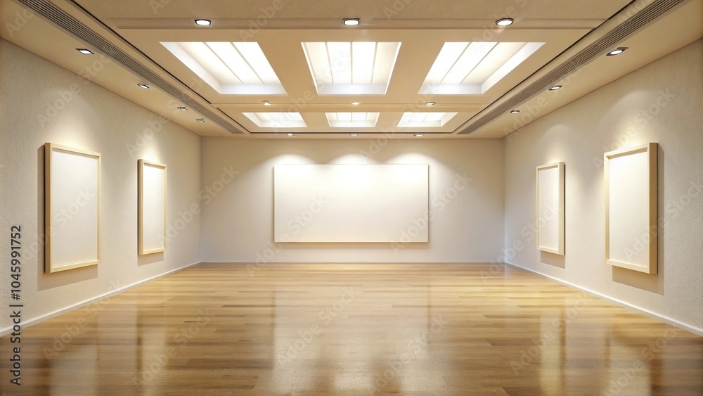 Fototapeta premium Spacious bright gallery hall with panoramic empty frame on soft beige wall