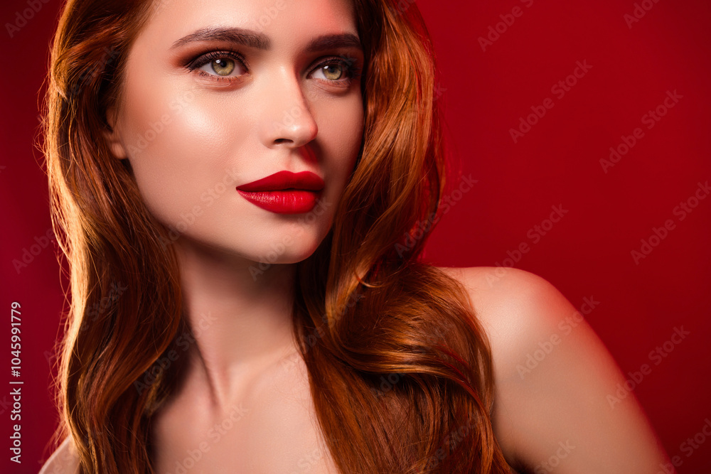 Fototapeta premium Photo of pretty stunning girl look empty space make up model shoulders off isolated on red color background