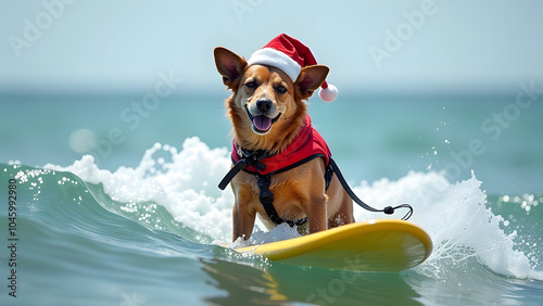 Cute dog surfing wearing christmas hat, generative ai