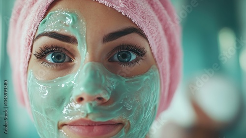 The image highlights detailed eye features under a soothing green facial clay mask, emphasizing skincare routines for health and beauty enhancement.