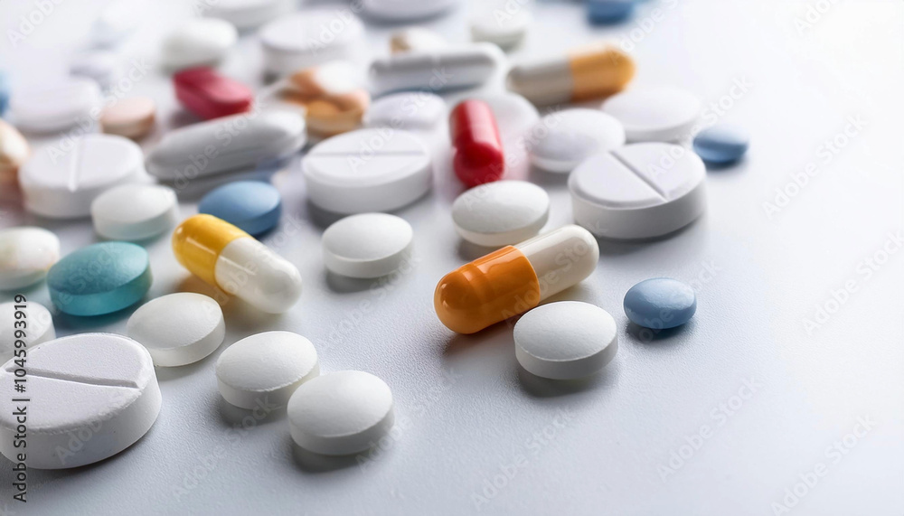 Pills and capsules. Multicolored capsules on white background. Blurred image. Assorted pharmaceutical medicine pills, tablets. Pills background. Banner for design. Vitamins and supplements background Pills and capsules. Multicolored capsules on white background. Blurred image. Assorted pharmaceutical medicine pills, tablets. Pills background. Banner for design. Vitamins and supplements background