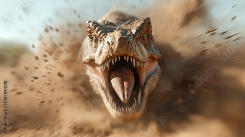 A powerful dinosaur charges through dust with teeth bared, showcasing raw might and evoking fear while moving fast through a prehistoric landscape. photo