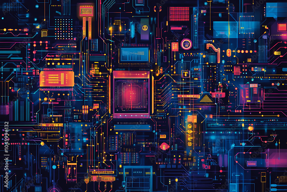 A futuristic circuit board design in festive New Year colors, featuring intricate digital technology elements, glowing lights, and advanced geometric patterns for a modern tech aesthetic.
A futuristic circuit board design in festive New Year colors, featuring intricate digital technology elements, glowing lights, and advanced geometric patterns for a modern tech aesthetic.