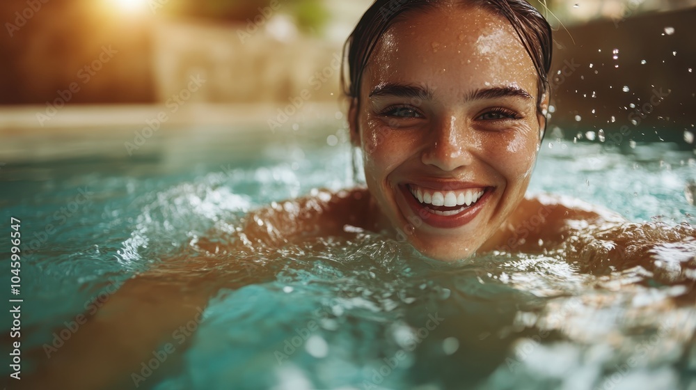 A young woman with a bright smile enjoys a swim in the pool, reflecting the lively and refreshing atmosphere found in aquatic settings and leisure activities. A young woman with a bright smile enjoys a swim in the pool, reflecting the lively and refreshing atmosphere found in aquatic settings and leisure activities.