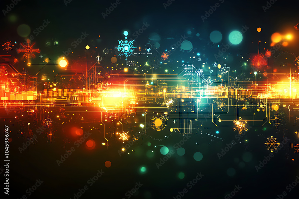 Fototapeta premium A futuristic circuit board design in festive New Year colors, featuring intricate digital technology elements, glowing lights, and advanced geometric patterns for a modern tech aesthetic.