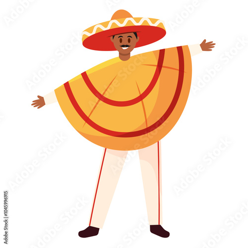 Man in yellow poncho and sombrero spreading arms, Vector