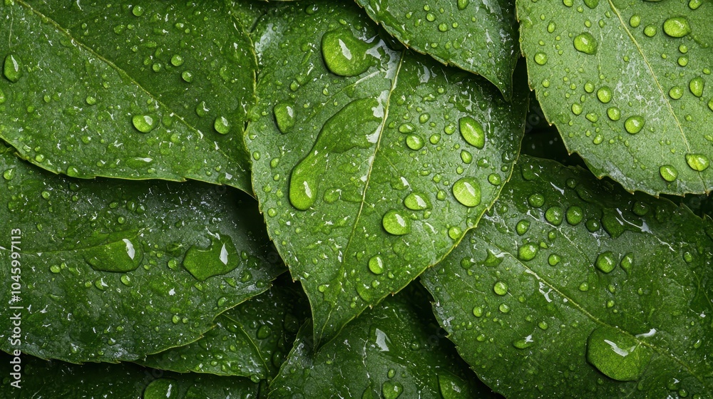 Fototapeta premium Leaves with shimmering dew depict natural purity and tranquility, embodying freshness and calm in a natural backdrop, highlighted by light-reflecting droplets.