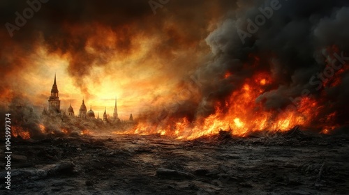 A once vibrant cityscape now depicted as a devastated landscape, engulfed in flames and billowing smoke, creating a stark and intense visual scene of collapse.