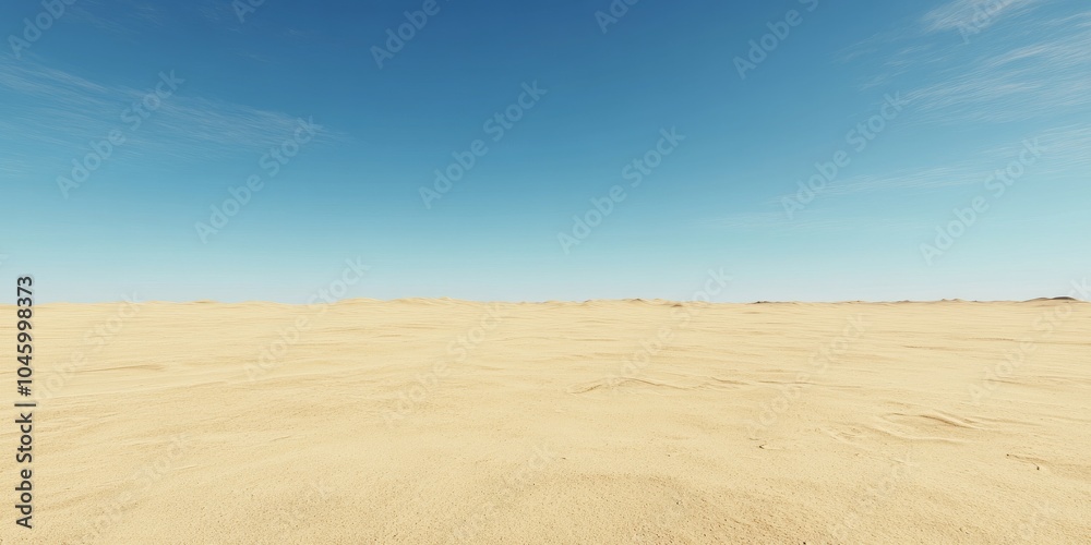 Vast desert landscape under a clear blue sky, showcasing endless sandy terrain and minimal vegetation. Vast desert landscape under a clear blue sky, showcasing endless sandy terrain and minimal vegetation.