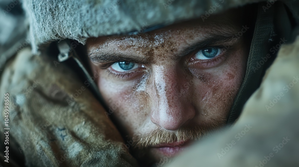 Close-up of a soldier's face covered in mud, focusing intensely with striking blue eyes, symbolizing resilience and determination during a battle or mission. Close-up of a soldier's face covered in mud, focusing intensely with striking blue eyes, symbolizing resilience and determination during a battle or mission.