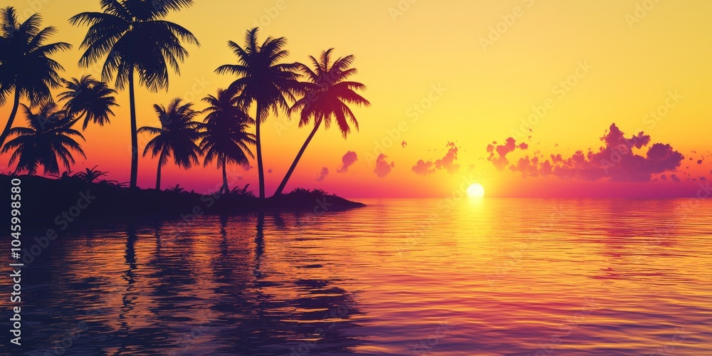 Serene sunset over calm waters, silhouetted palm trees against a vibrant orange and purple sky. Serene sunset over calm waters, silhouetted palm trees against a vibrant orange and purple sky.