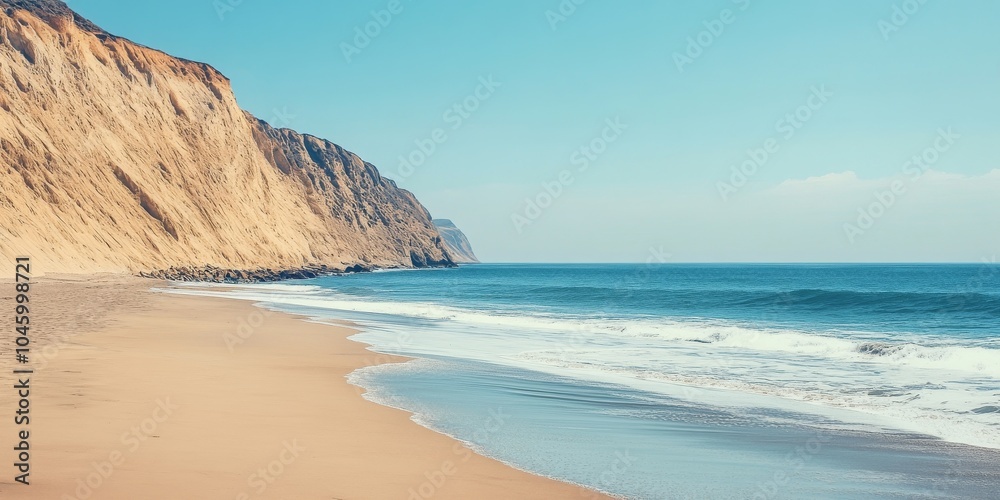 Serene beach landscape featuring golden cliffs and calm blue ocean under a clear sky. Serene beach landscape featuring golden cliffs and calm blue ocean under a clear sky.
