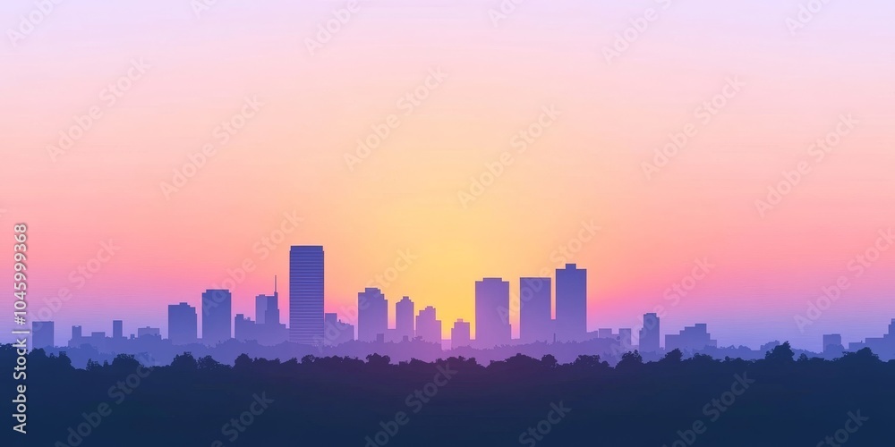 Fototapeta premium Silhouette of a city skyline at sunrise, featuring tall buildings against a gradient sky of pink and purple hues.