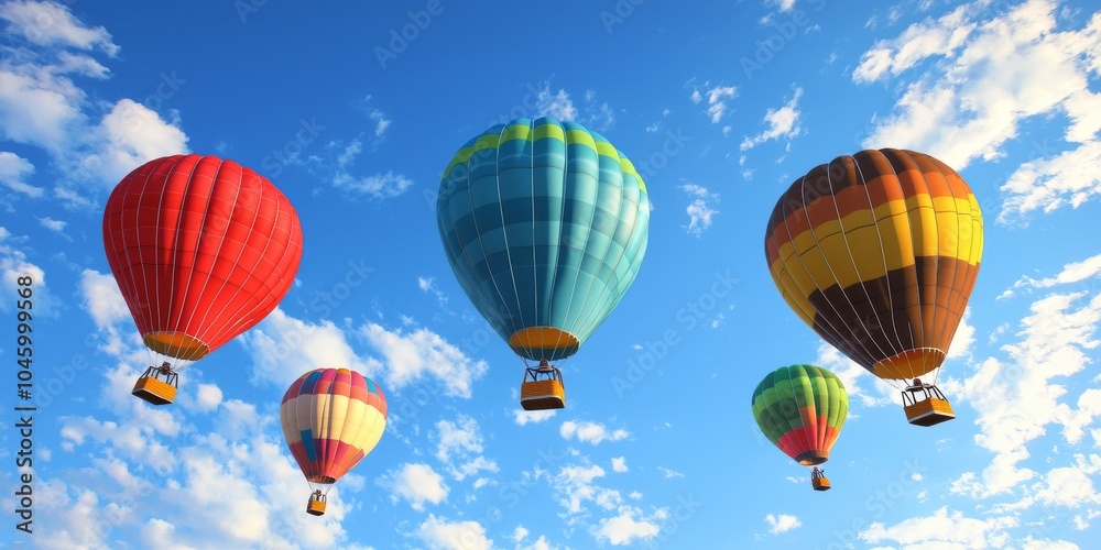 Obraz premium Colorful hot air balloons soaring in a bright blue sky with fluffy clouds.