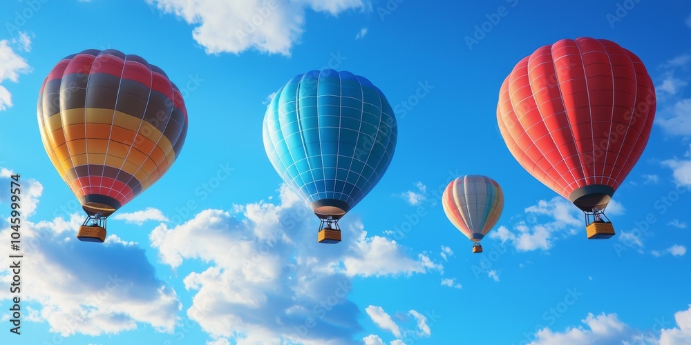 Obraz premium A vibrant scene of four colorful hot air balloons soaring against a blue sky with fluffy white clouds.