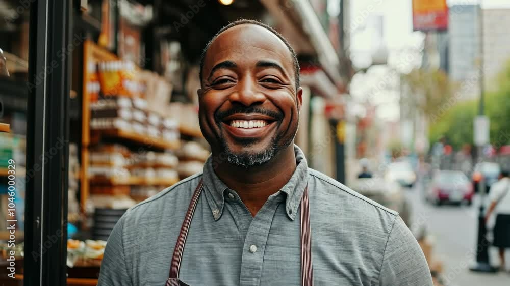 A man smiles broadly as he stands outside a storefront in a bustling city A man smiles broadly as he stands outside a storefront in a bustling city