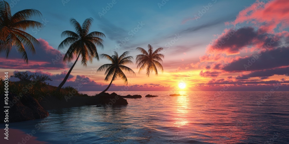 Fototapeta premium Tranquil sunset over a tropical beach with palm trees silhouetted against a vibrant sky.