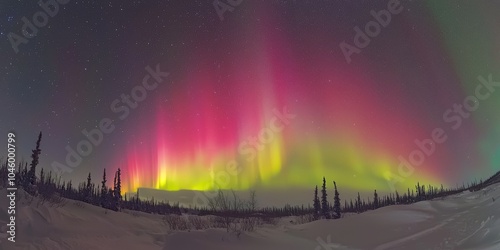 Wallpaper Mural A stunning display of the aurora borealis illuminates the night sky with vibrant pink and green hues above a snowy landscape. Torontodigital.ca