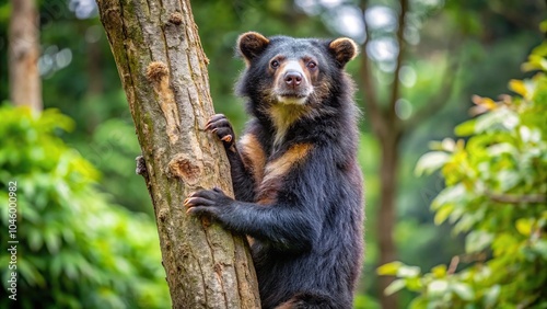 Spectacled Andean bear climbing tree photo