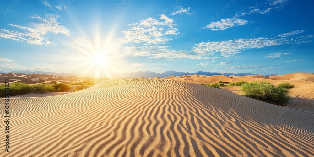 Naklejka premium Breathtaking view of golden sand dunes under a bright blue sky with sun rays illuminating the serene desert landscape.