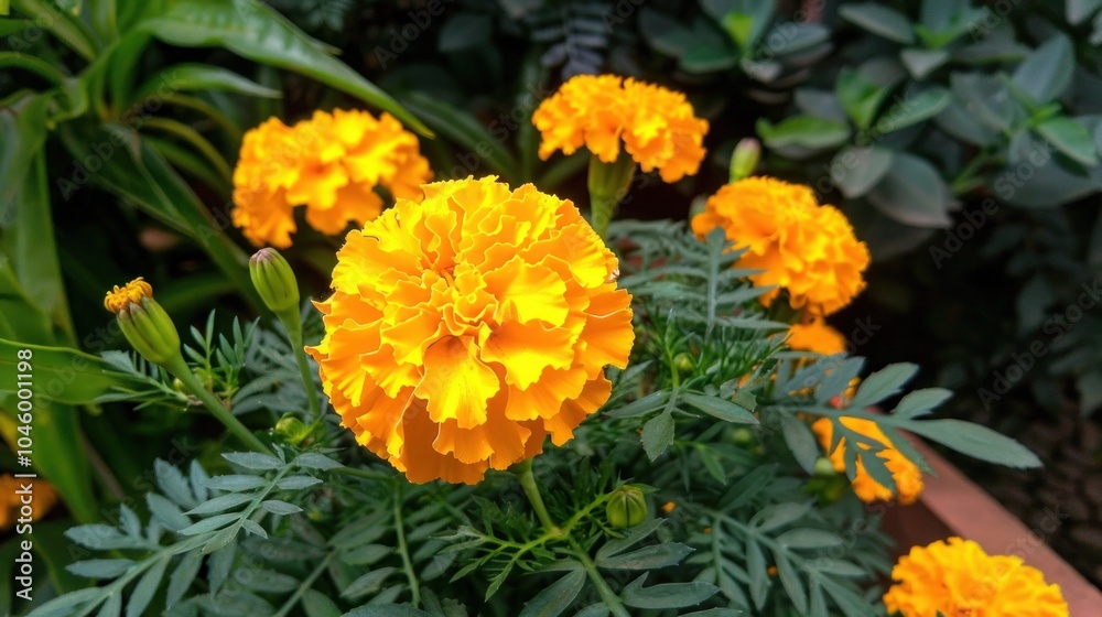 Vibrant Orange Marigolds in Garden Flowerbed Vibrant Orange Marigolds in Garden Flowerbed