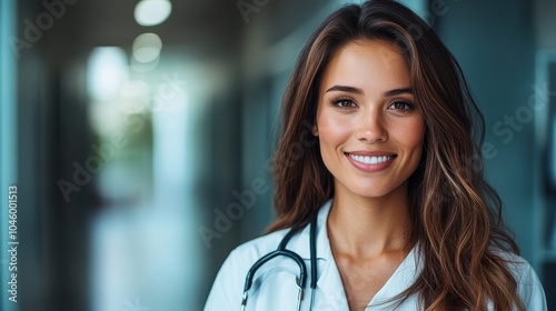 A female doctor standing in a medical corridor with a joyful expression, dressed in professional attire and holding a stethoscope, embodying hope and assurance. photo