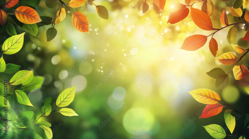 Orange and green autumn leaves falling from branch on blurry green background