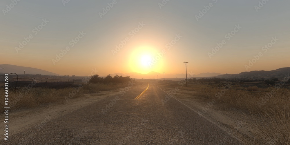 Naklejka premium A serene sunset over an empty road, highlighting golden hues and nature's tranquility.