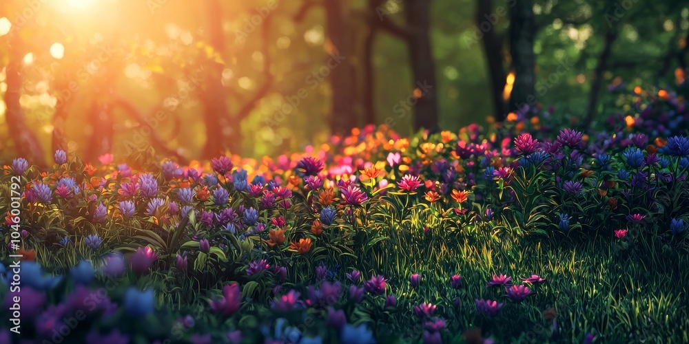 Obraz premium A vibrant, sunlit meadow filled with colorful wildflowers, creating a serene and magical atmosphere.