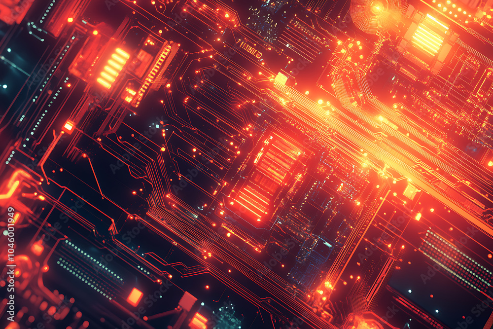 Fototapeta premium A futuristic circuit board design in festive New Year colors, featuring intricate digital technology elements, glowing lights, and advanced geometric patterns for a modern tech aesthetic.