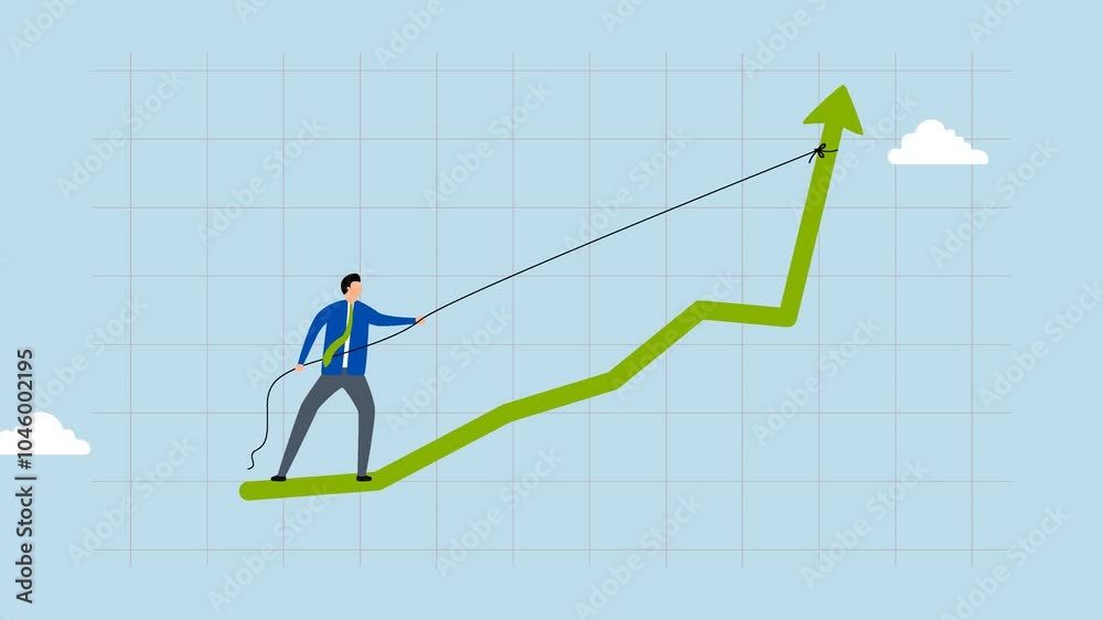 Increase sales or investment profit, 4k animation of Entrepreneur exerting maximum effort to boost performance graph upward. Increase sales or investment profit, 4k animation of Entrepreneur exerting maximum effort to boost performance graph upward.