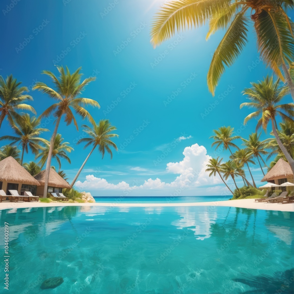 Tropical resort pool surrounded by palm trees and beach on a sunny day near the ocean Tropical resort pool surrounded by palm trees and beach on a sunny day near the ocean