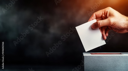 A hand reaches out to cast a vote into a ballot box, highlighting themes of democracy, decision-making, and civic duty, captured in a solemn, impactful setting. photo