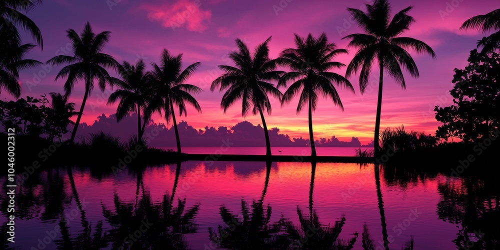 Silhouette of palm trees against a vibrant purple and pink sunset reflecting on tranquil water. Silhouette of palm trees against a vibrant purple and pink sunset reflecting on tranquil water.