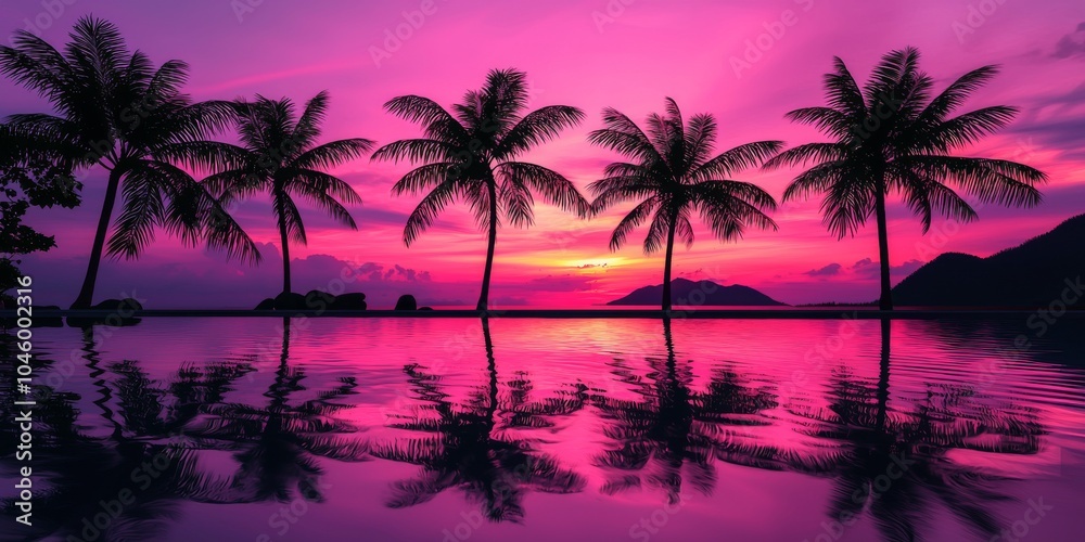 Serene tropical sunset with silhouetted palm trees reflecting on calm waters, creating a tranquil and vibrant atmosphere. Serene tropical sunset with silhouetted palm trees reflecting on calm waters, creating a tranquil and vibrant atmosphere.