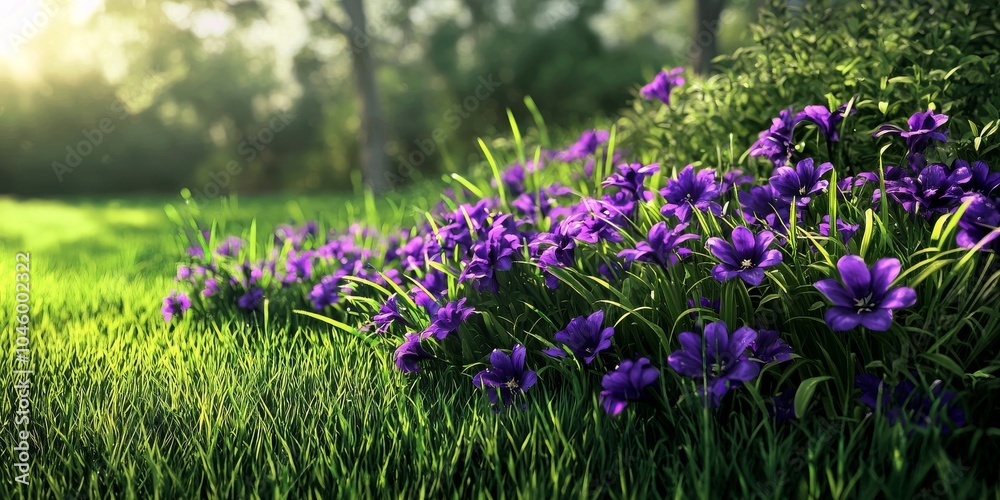 Naklejka premium A vibrant cluster of purple flowers blooming amid lush green grass in a serene garden setting.