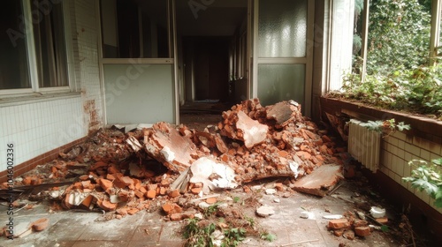 Rubble from a collapsed internal wall fills a hallway, creating a scene of chaos, with bricks and debris scattered across the tile floor leading into darkness. photo