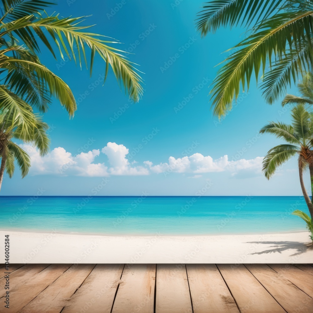 Beautiful tropical beach view with palm trees and calm turquoise waters under a clear blue sky on a sunny day Beautiful tropical beach view with palm trees and calm turquoise waters under a clear blue sky on a sunny day