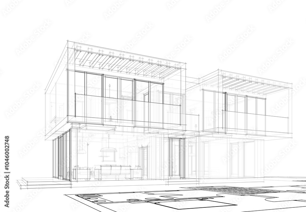 Architectural drawing of a house 3d illustration Architectural drawing of a house 3d illustration