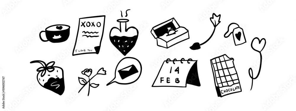 Naklejka premium Valentine’s Day Set Illustration | Cute Minimalist Doodle Vector for Romantic Designs
