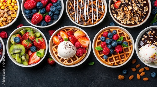   A table laden with bowls brimming with fruit, waffles, ice cream, and nuts
