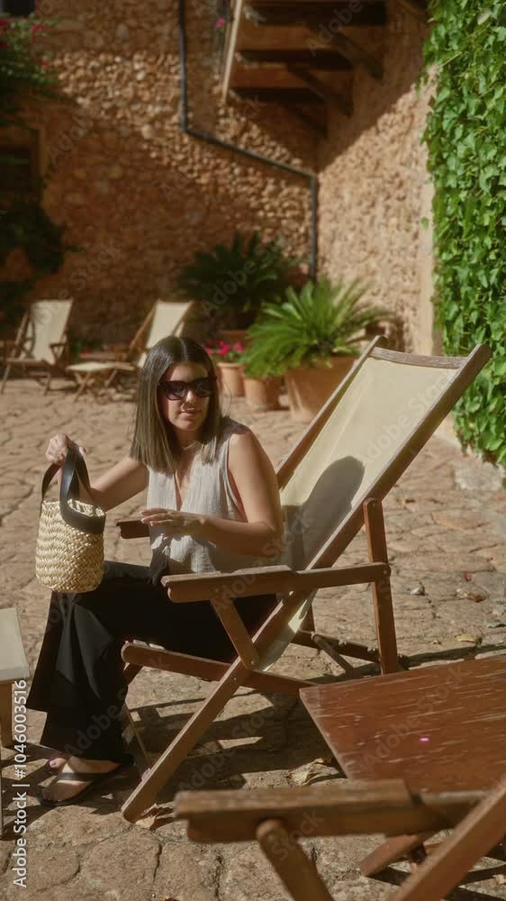 Young woman relaxing outdoors in a sunlit courtyard in mallorca, spain, sitting on a wooden deck chair with sunglasses and a straw bag, enjoying the summer vibes and tranquil surroundings Young woman relaxing outdoors in a sunlit courtyard in mallorca, spain, sitting on a wooden deck chair with sunglasses and a straw bag, enjoying the summer vibes and tranquil surroundings