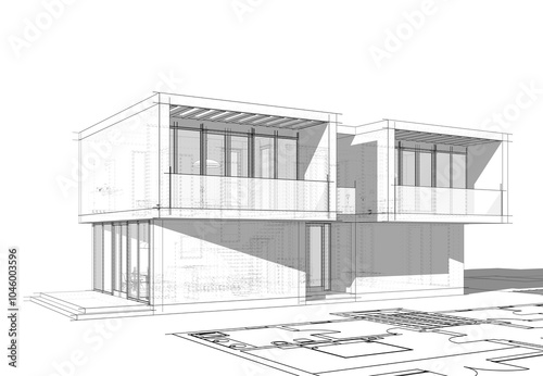 Architectural drawing of a house 3d illustration