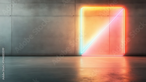 A futuristic rectangular neon light installation in pink and turquoise hues stands against a concrete wall, offering a dynamic blend of color and architectural design. photo