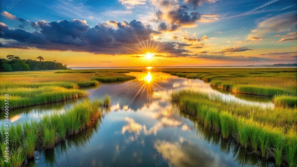 Obraz premium Spectacular savannah landscape with sunrise above marshes