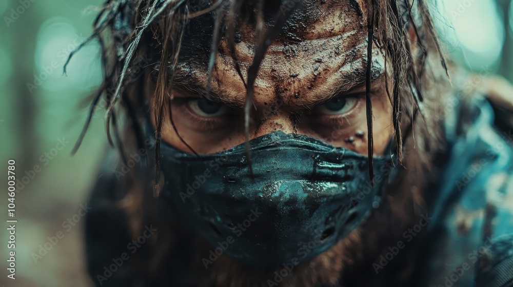 The image captures a mysterious and muddy figure wearing a mask, set in a dense forest, conveying suspense, isolation, and the primal instinct of survival. The image captures a mysterious and muddy figure wearing a mask, set in a dense forest, conveying suspense, isolation, and the primal instinct of survival.