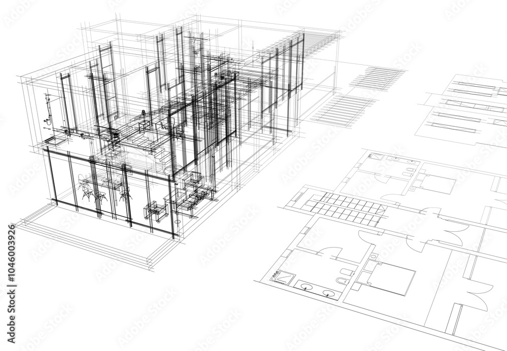 Fototapeta premium Architectural drawing of a house 3d illustration