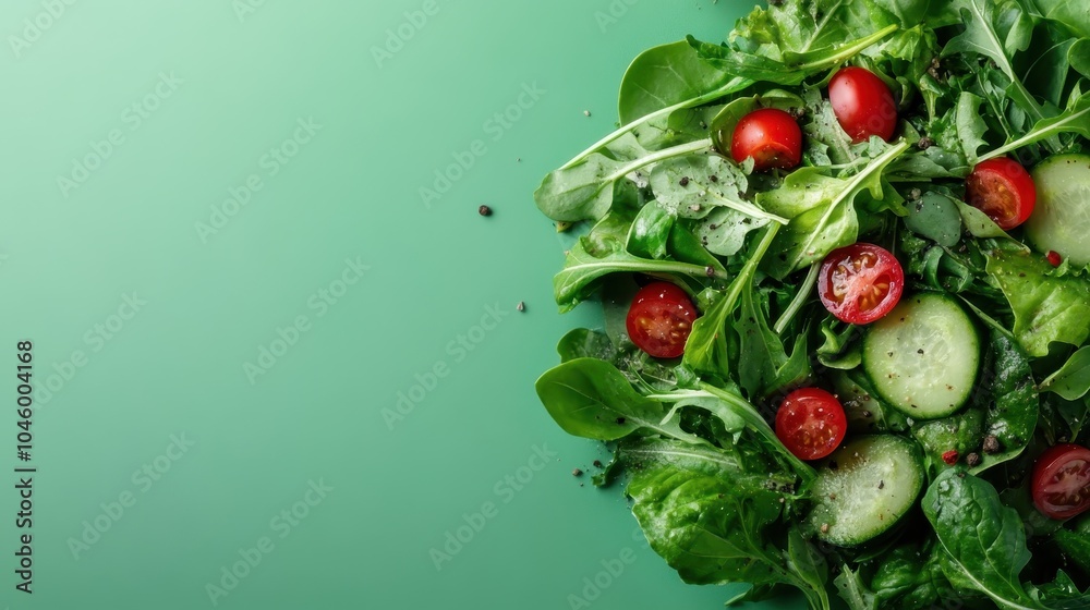 A vibrant and fresh salad of greens, cherry tomatoes, and cucumbers is arranged invitingly against a striking green background, offering a feast for the senses. A vibrant and fresh salad of greens, cherry tomatoes, and cucumbers is arranged invitingly against a striking green background, offering a feast for the senses.