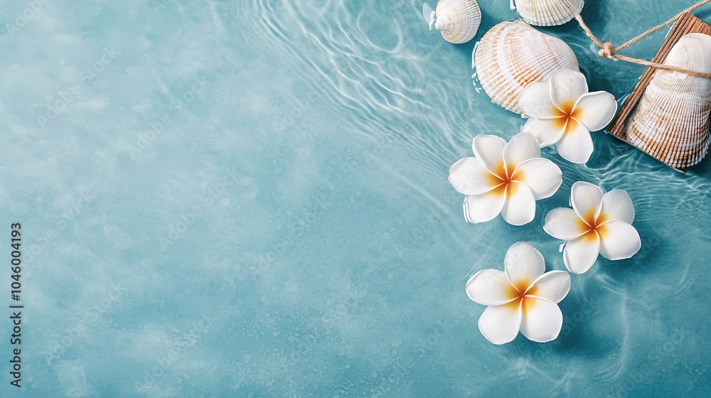White flowers float on water beside seashells in a basket White flowers float on water beside seashells in a basket